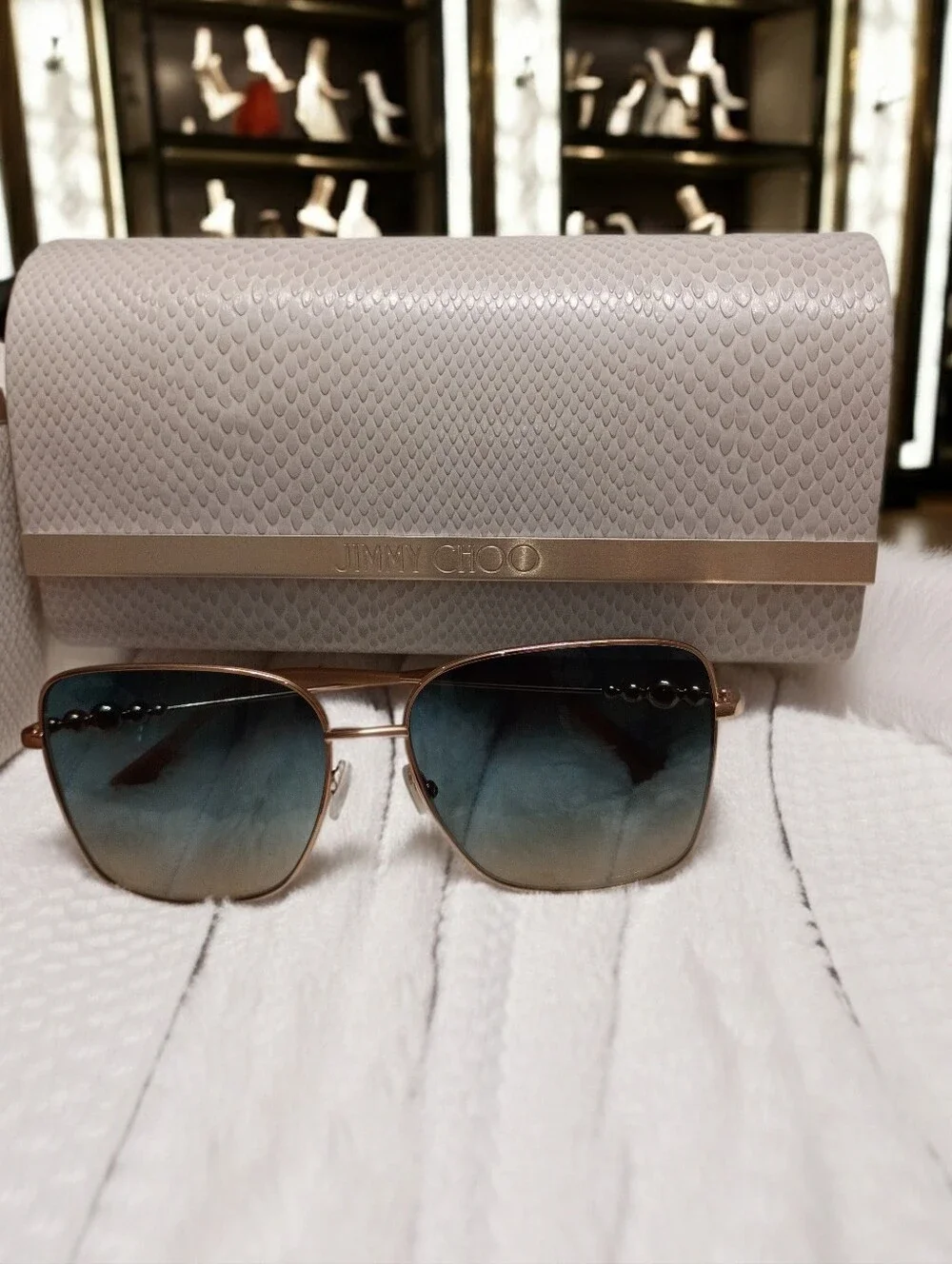 Jimmy Choo Hester Gold Frame Sunglasses with Blue Gradient Lenses & JC Hard Case